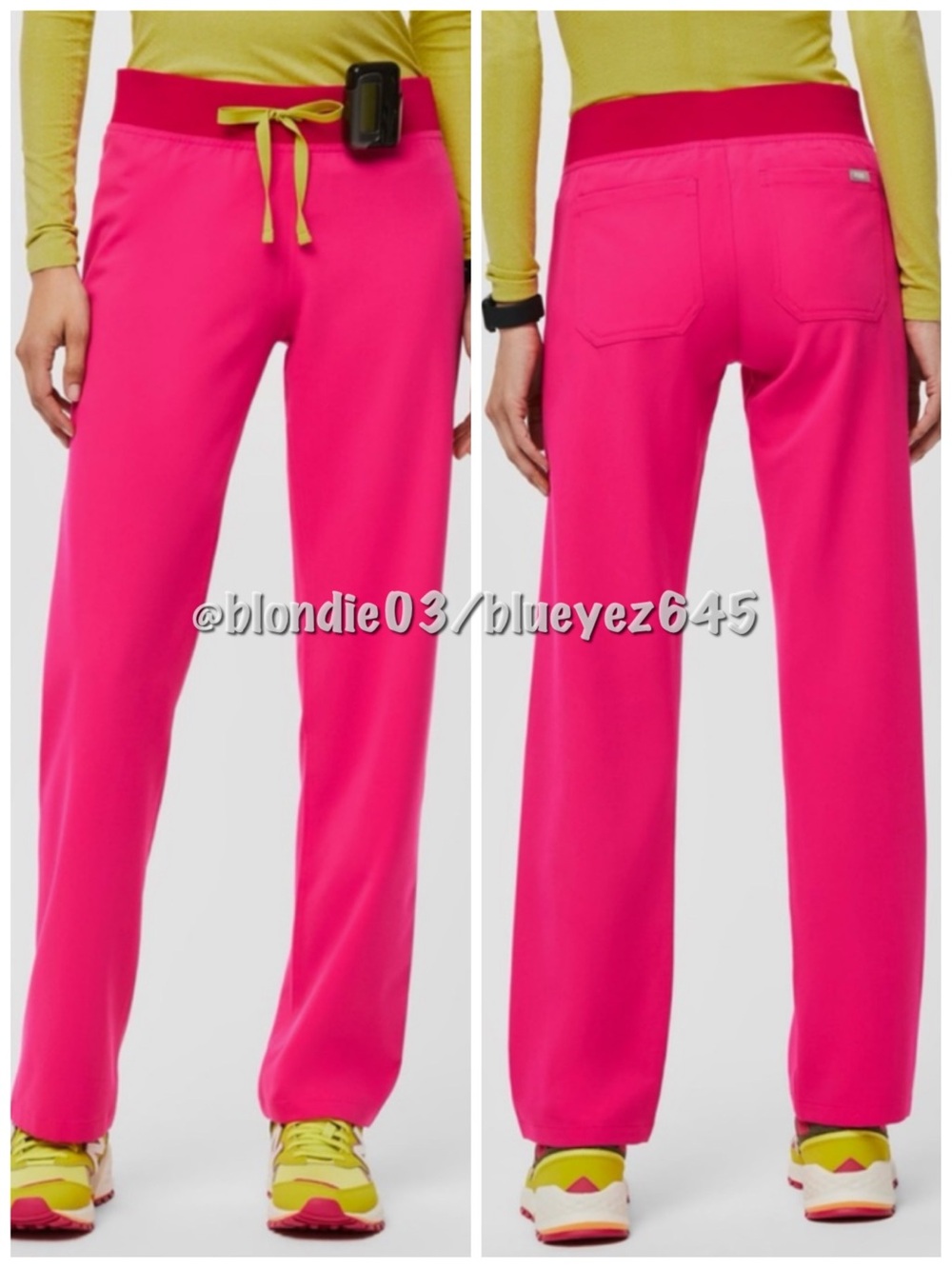 Figs Livingston shocking pink/lime drawstring, M low waist, petite length PO1874